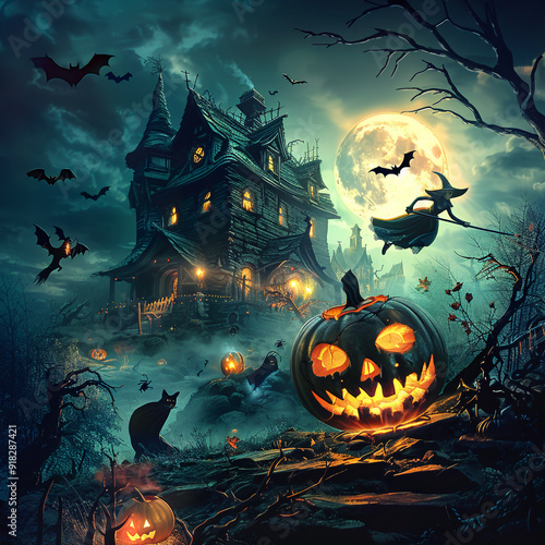 A spooky Halloween scene featuring a carved Jack-o