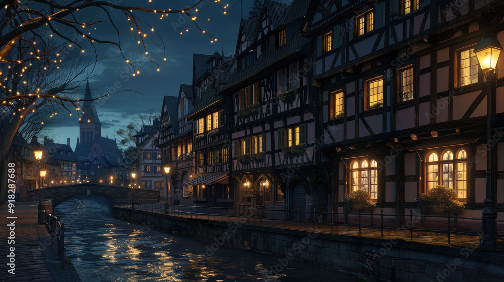 Obraz premium A nighttime view of Strasbourg's Petite France, with charming half-timbered houses and streetlights