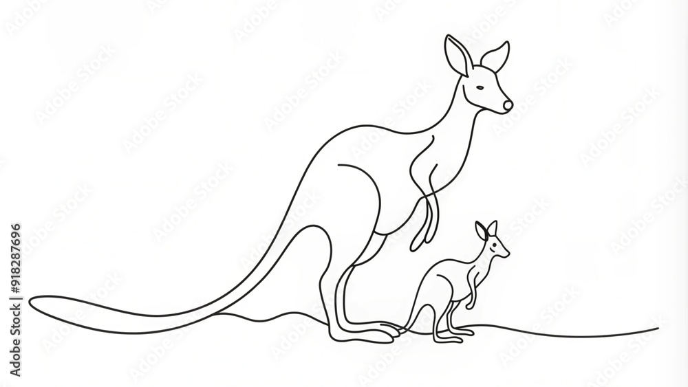 Continuous Line Drawing of Kangaroo with Baby Continuous Line Drawing of Kangaroo with Baby