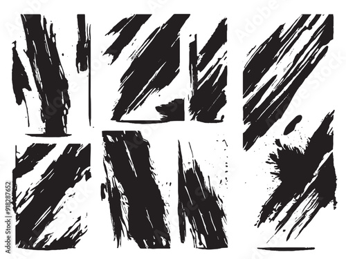 Vector illustration set featuring isolated grunge traces and banners, designed with black paint brush ink for background text