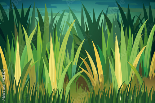 Lush Green and Yellow Grass Blades in a Watery Setting