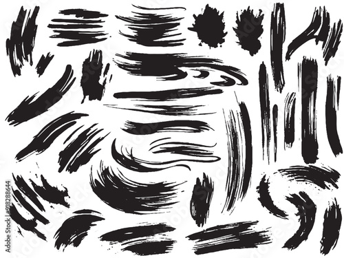 Vector illustration set featuring isolated grunge traces and banners, designed with black paint brush ink for background text