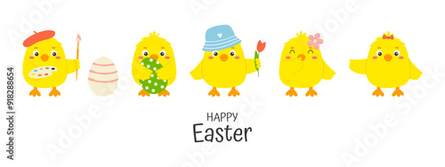 Cute easter yellow chick character set with Happy Easter lettering phrase. Funny baby chickens in various poses. Little baby farm birds collection. Hand drawn vector illustration.