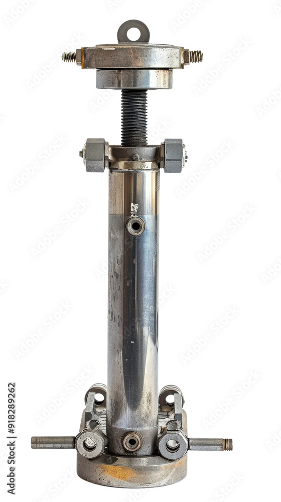 Close-up of a sleek metal hydraulic jack used in automotive repair and maintenance. Durable design for heavy lifting tasks.