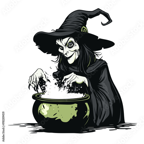 Cartoon Witch Stirring Potion in a Cauldron