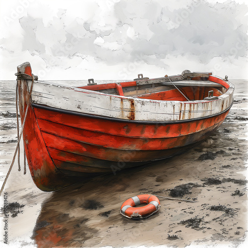 A drawing of a watercolor boat with a life preserver on it.
Drawing watercolor Isolated on white background. 