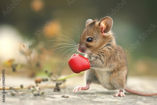 Charming image of a tiny mouse standing with a small red boxing glove on a blurred background photo