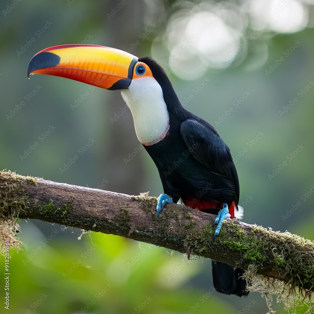 Toucan on branch holding orange; tree behind Toucan on branch holding orange; tree behind