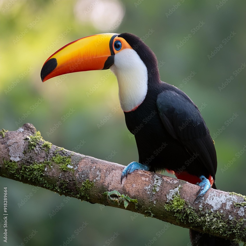 Obraz premium Toucan on tree branch, colorful beak bird, green leaf background