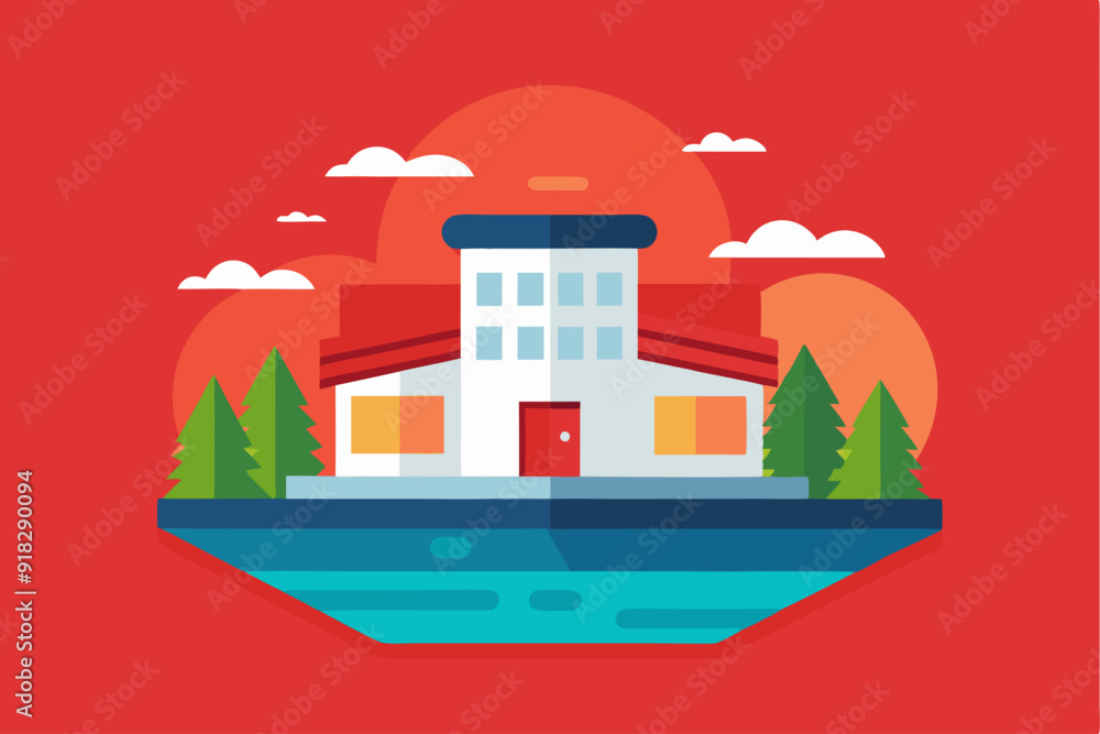 Flat Illustration of a White House with Red Roof by a Body of Water Flat Illustration of a White House with Red Roof by a Body of Water