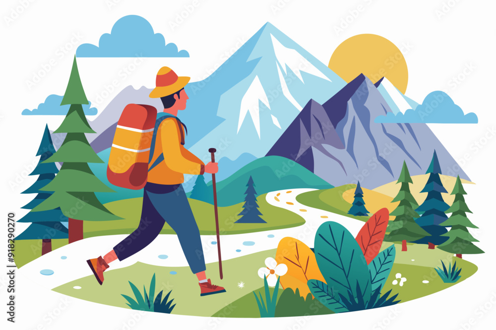 A hiker with a backpack walks along a mountain path with a view of snowy peaks A hiker with a backpack walks along a mountain path with a view of snowy peaks