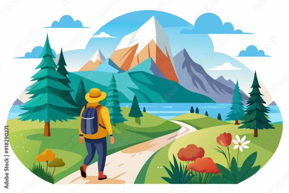 Fototapeta premium A lone hiker walking on a path towards a scenic mountain range