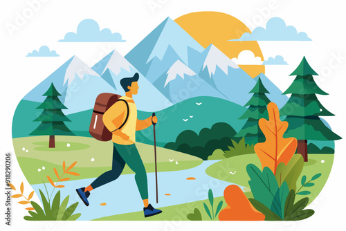 Man Hiking Through a Mountainous Landscape with a Backpack