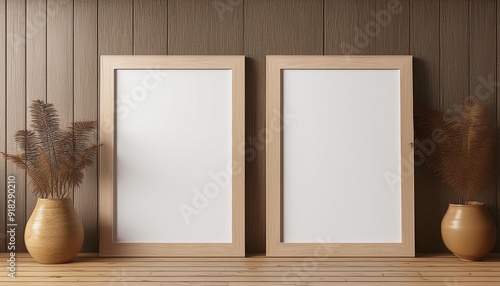 Two vertical frame mockup hanging on white wall minimal decoration room, Wood floor, Arch door, 3d illustration.