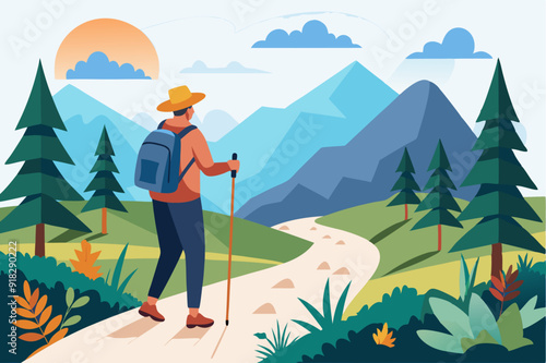 A lone hiker with a backpack walks on a winding path through a forest and mountains.