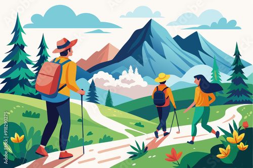 Three Hikers Admire Mountain View on a Winding Trail