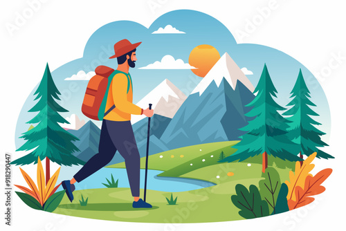 Man Hiking in Mountainous Landscape with Backpack and Walking Stick