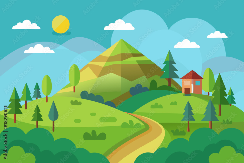 Fototapeta premium A Cartoon Landscape with a Winding Road and a Small House