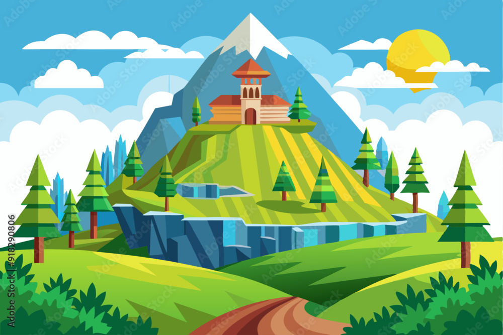 A Cartoon Mountain Landscape with a Building on Top A Cartoon Mountain Landscape with a Building on Top