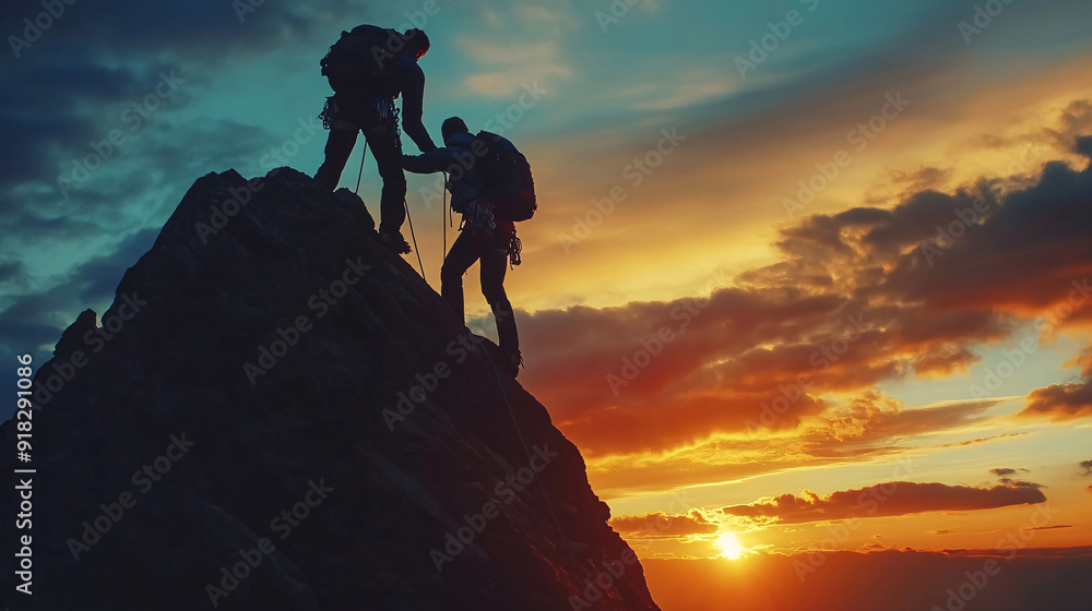 Hiker helping friend reach the mountain top
Hiker helping friend reach the mountain top