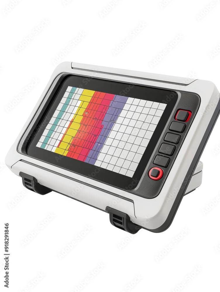 A modern digital display device showcasing a colorful grid interface for data visualization and analysis.