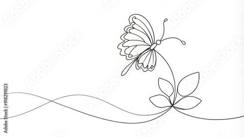 Continuous Line Drawing of a Butterfly on a Flower