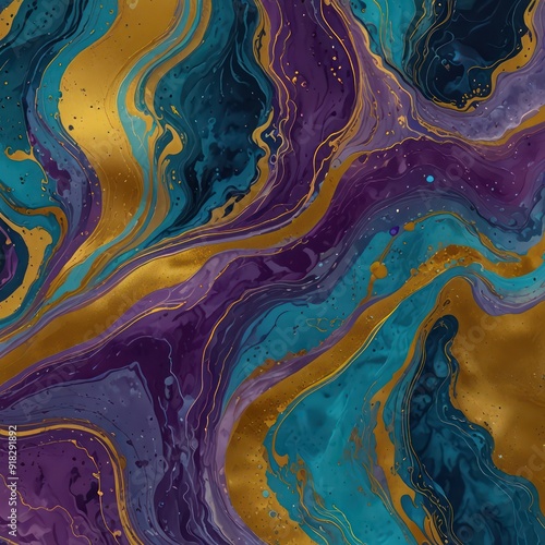 An abstract design with fluid, marbled patterns in shades of blue, purple, and gold