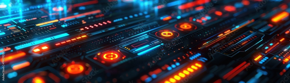 A vibrant digital interface showcasing glowing circuits and colorful elements in a futuristic design. A vibrant digital interface showcasing glowing circuits and colorful elements in a futuristic design.