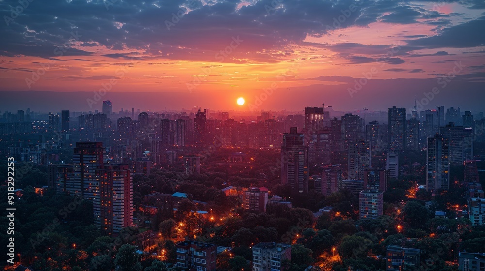 Fototapeta premium stunning sunset view over a city skyline, with the buildings bathed in golden light and the sky painted in hues of orange and pink. The serene and picturesque scene captures the end of a day.