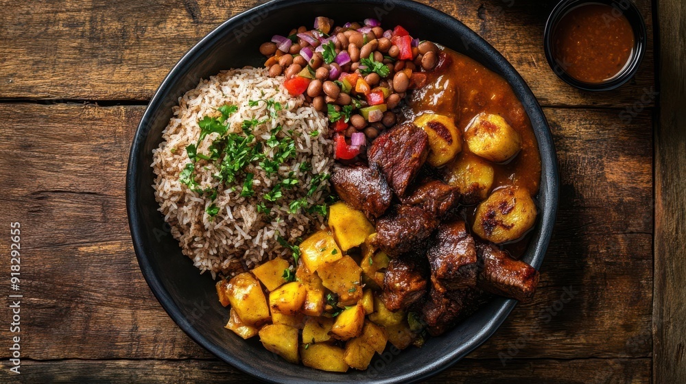 A beautifully plated traditional Dominican food, captured from the perspective of a famous food photographer A beautifully plated traditional Dominican food, captured from the perspective of a famous food photographer