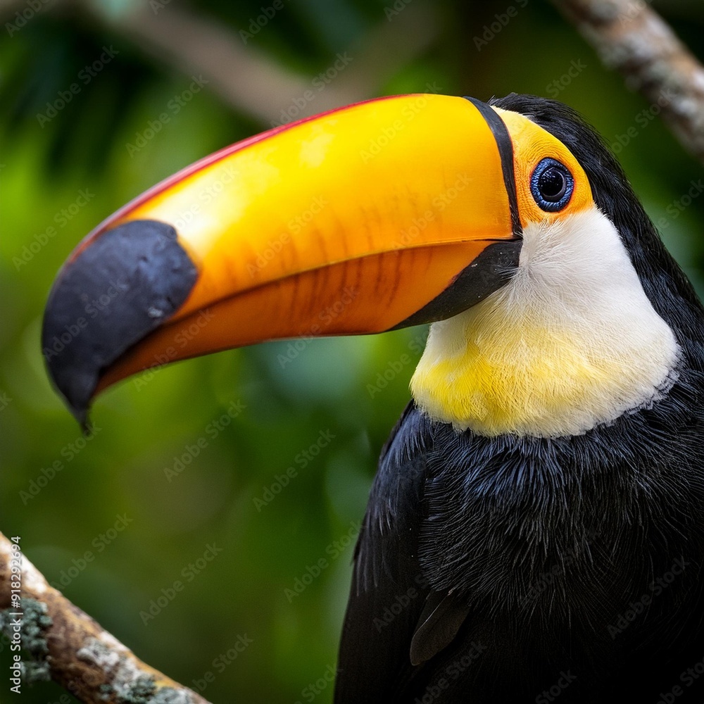 A toucan on a branch, sporting a vibrant, colored beak against a green backdrop A toucan on a branch, sporting a vibrant, colored beak against a green backdrop