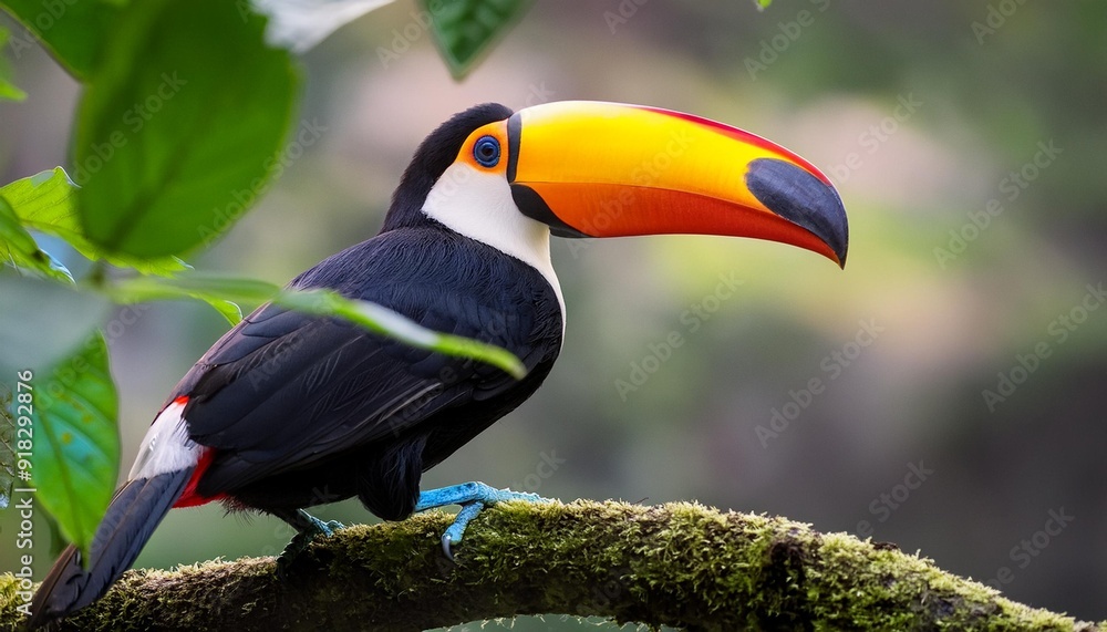 Fototapeta premium A toucan perched on a tree branch against a blurred backdrop of trees and foliage