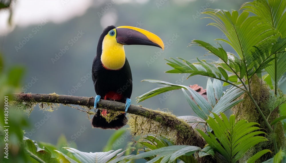 A toucan perched on a tree branch, its vivid yellow and black beak prominent above its head A toucan perched on a tree branch, its vivid yellow and black beak prominent above its head