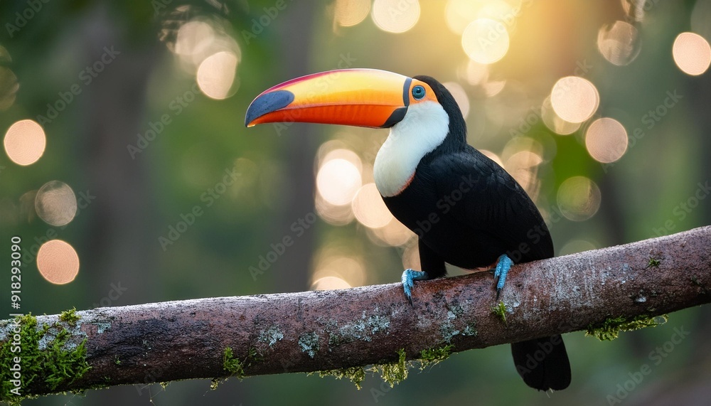 A toucan perches on a tree branch against a lush forest backdrop, teeming with trees and foliage A toucan perches on a tree branch against a lush forest backdrop, teeming with trees and foliage