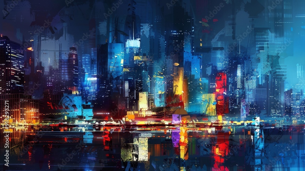 Fototapeta premium Colorful city skyline reflecting on water at night with vibrant lights