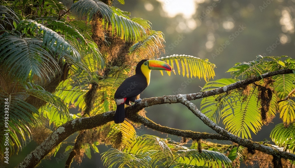 A toucan perches on a tree branch in a lush tropical setting, surrounded by vibrant green foliage Background softly blurred A toucan perches on a tree branch in a lush tropical setting, surrounded by vibrant green foliage Background softly blurred