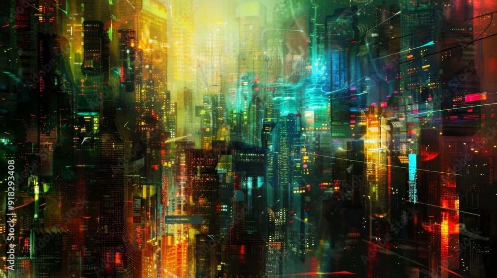 A vibrant abstract cityscape at night with colorful lights and reflections creating a dreamlike atmosphere A vibrant abstract cityscape at night with colorful lights and reflections creating a dreamlike atmosphere