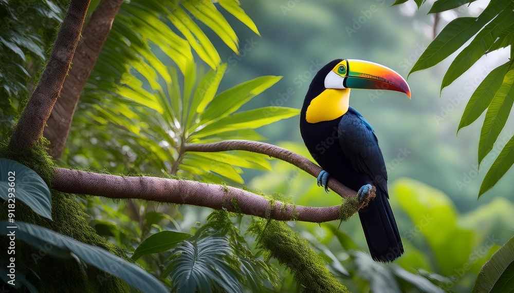 A toucan, colored vividly, perches on a palm branch in a lush tropical forest, teeming with greenery A toucan, colored vividly, perches on a palm branch in a lush tropical forest, teeming with greenery