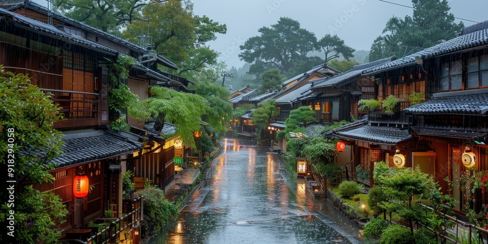 Obraz premium Rainy Day in a Traditional Japanese Town