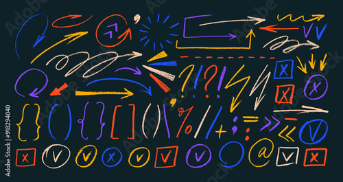 Colorful charcoal doodle arrows, brackets, check marks and other emphasizes elements for hand drawn notes and presentations. Vector crayon doodle icons set. Marker and crayon drawn graphic elements.