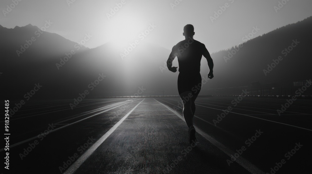 Runner Silhouette on Track With Mountains and Sun in the Distance Runner Silhouette on Track With Mountains and Sun in the Distance
