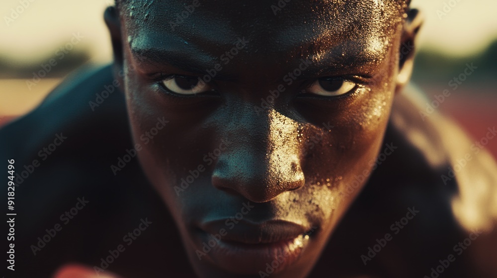 Close-up of a Determined Athlete's Face with Sweat Glistening in the Sunlight Close-up of a Determined Athlete's Face with Sweat Glistening in the Sunlight