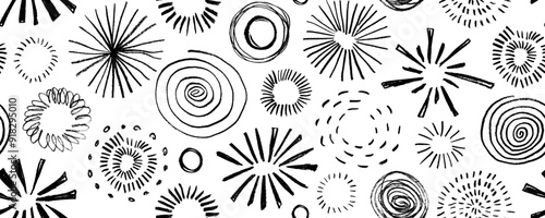 Doodle sunburst, spirals and fireworks seamless pattern. Crayon drawn funky sunburst, circular shapes. Playful vector seamless pattern in doodle geometric style. Childish doodles, scribble spirals.