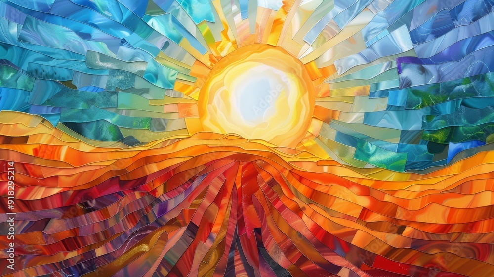 Vibrant sunrise over a colorful landscape with rolling hills and a bright sky Vibrant sunrise over a colorful landscape with rolling hills and a bright sky