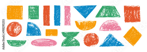 Set of crayon drawn colorful geometric basic shapes and quirky figures. Hand drawn pencil or chalk texture, geometric figures.