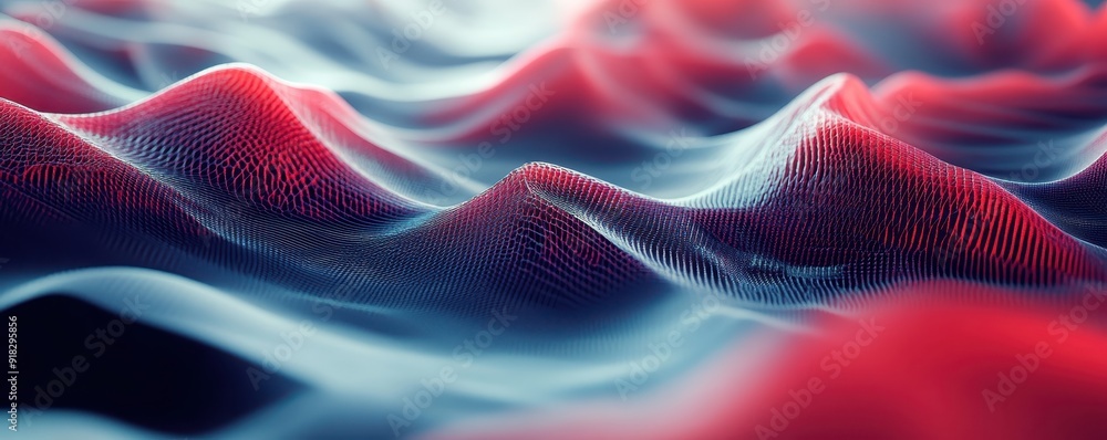Fototapeta premium Abstract digital wave landscape in red and blue hues, symbolizing technology, innovation, and digital transformation in a futuristic design.