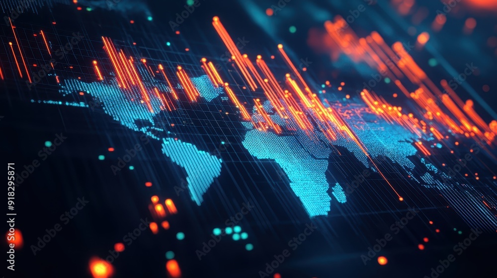Naklejka premium Abstract digital world map with data visualization, network connections, and glowing bars in blue and orange colors.