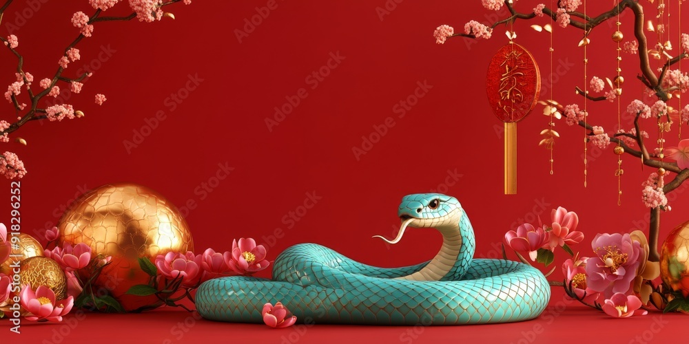 Naklejka premium Chinese Zodiac Snake in 3D Illustration Embraced by Floral and Chinese Style Elements, a Minimalist Design in Gold Foil Style with Red Gradient for a Clean Background and Festive Chinese New Year Vibe