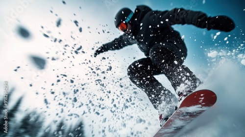 A vibrant, high-energy shot of a snowboarder performing tricks on a snowy mountain slope, representing the thrill and excitement of snowboarding with flying snow around.