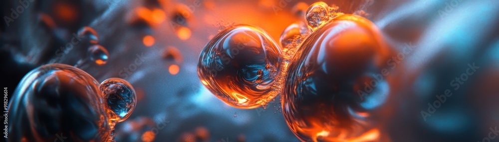 Abstract macro shot of luminous, glowing orange and blue spheres on a dark background, creative modern art, futuristic and vibrant.